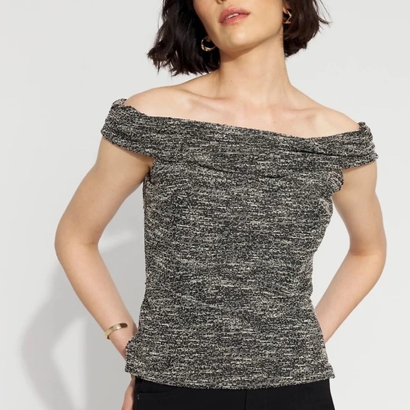 White House Black Market Tops - White House Black Market Tweed Off Shoulder Top Black Cream Size 10 NWT
